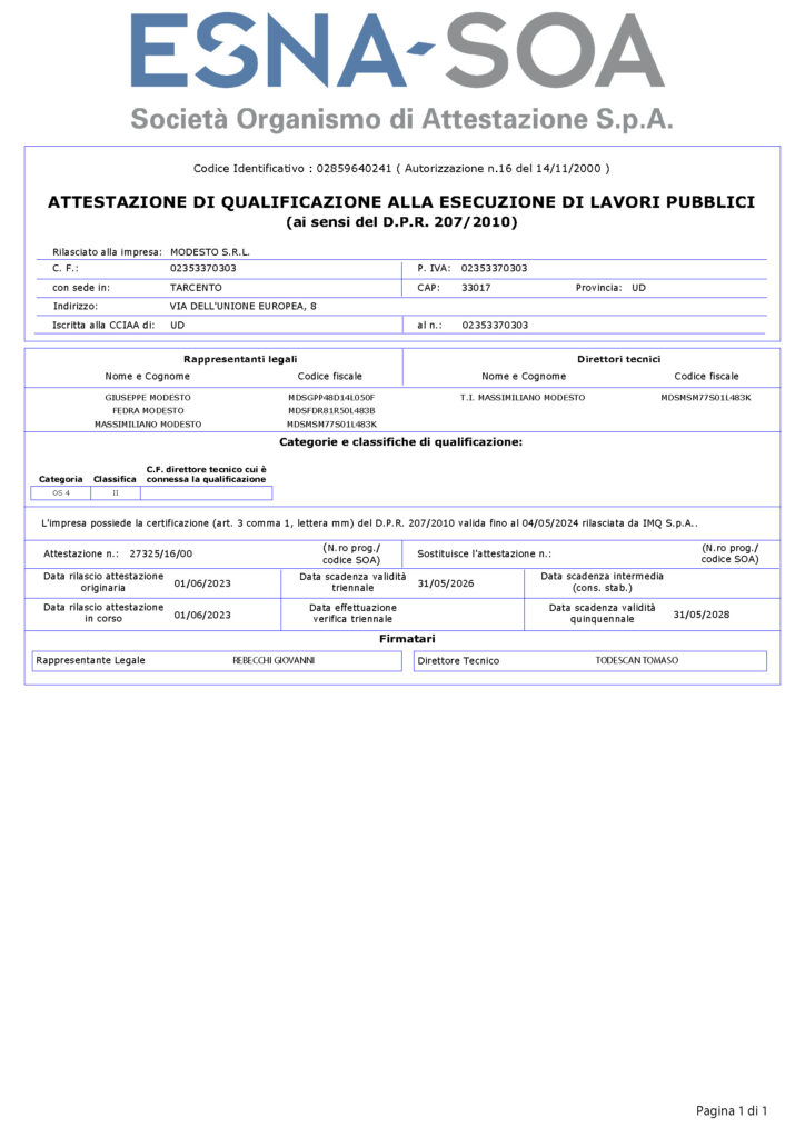 Modesto S.r.l. - Certificazione