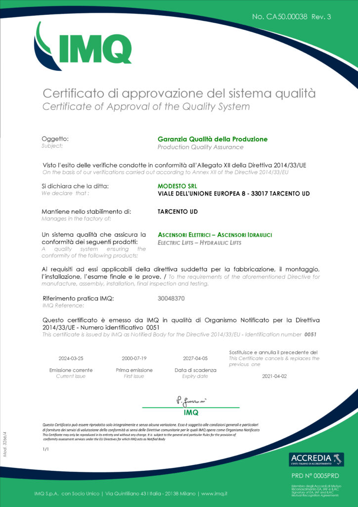 Modesto S.r.l. - Certificazione